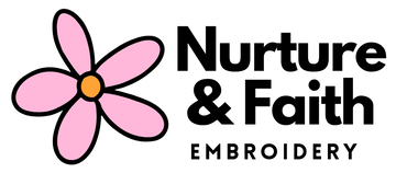 Logo of Nurture & Faith Embroidery with a pink flower and text on a white background