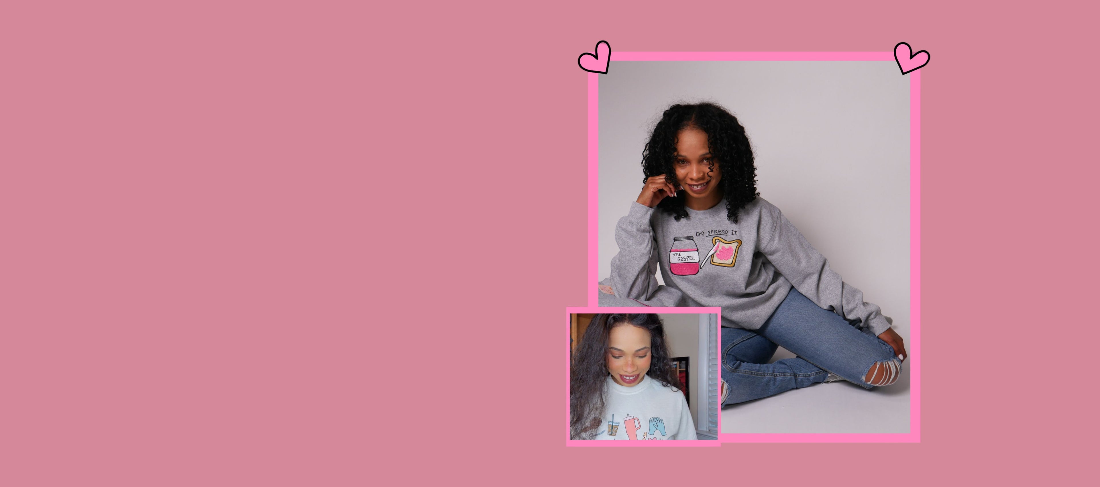 Woman wearing a gray sweatshirt with a graphic design on a pink border1621243260e1af0c20-1