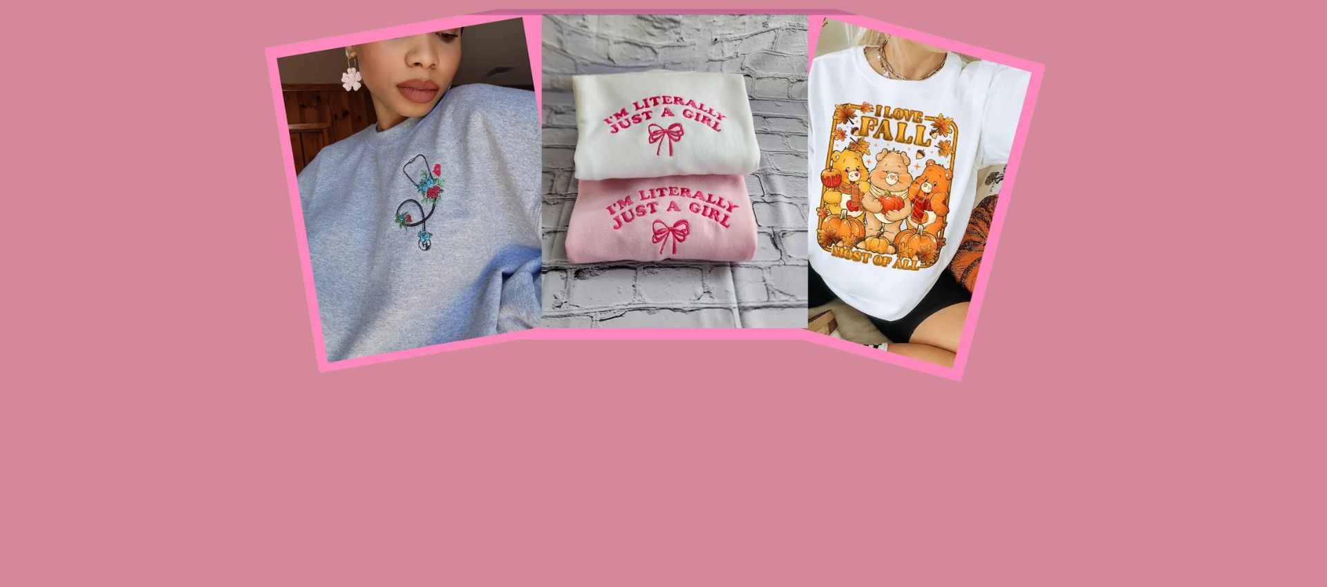 Collage of three different sweatshirts with text and graphics on a pink background1621243260e1af0c20-2