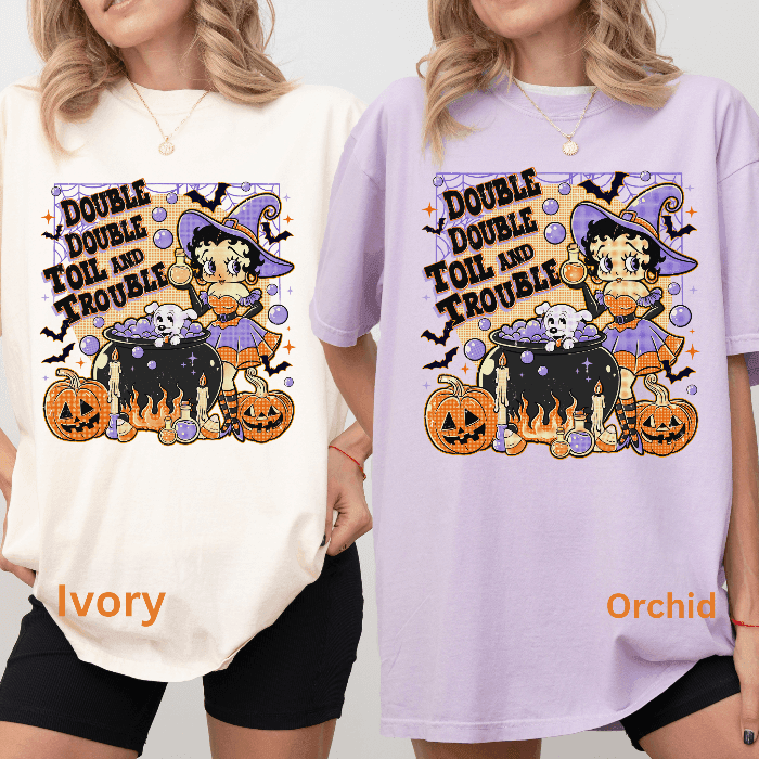 Two people wearing t-shirts with a Halloween-themed design featuring Betty Boop. vintage-witch-halloween-tee