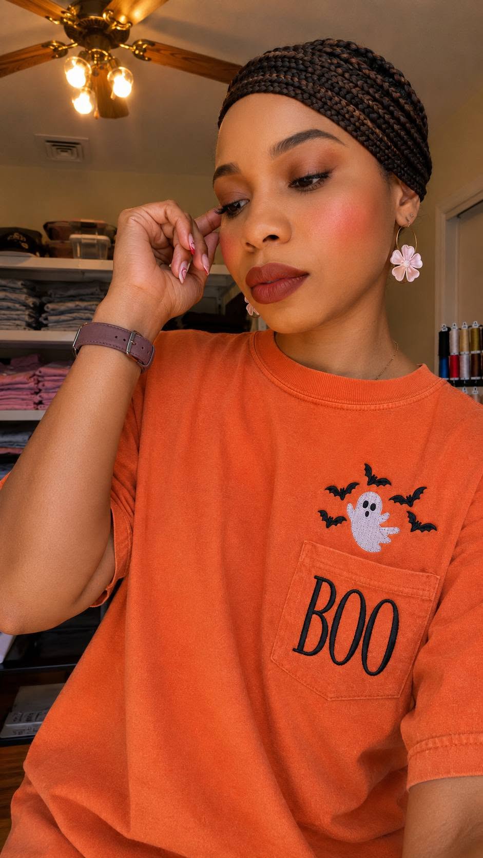 Comfort Colors embroidered Halloween ghost pocket t-shirt in orange