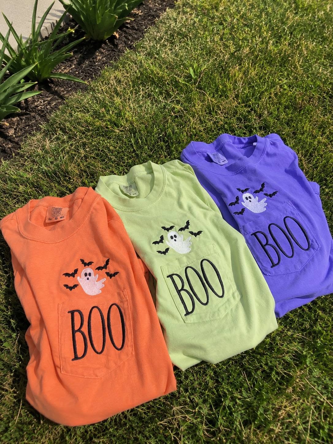 Comfort Colors embroidered Halloween ghost pocket t-shirt in orange