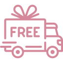Pink delivery truck icon with a free gift box on a white background