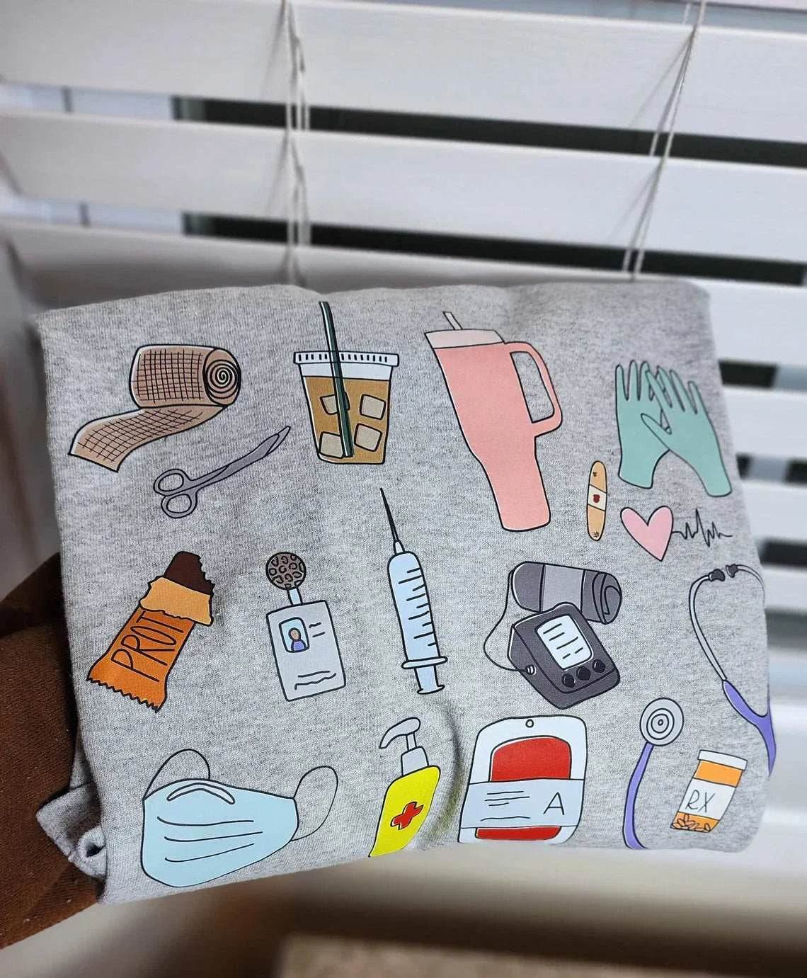 Short Sleeve Nurse T Shirts with Medical Doodles gray