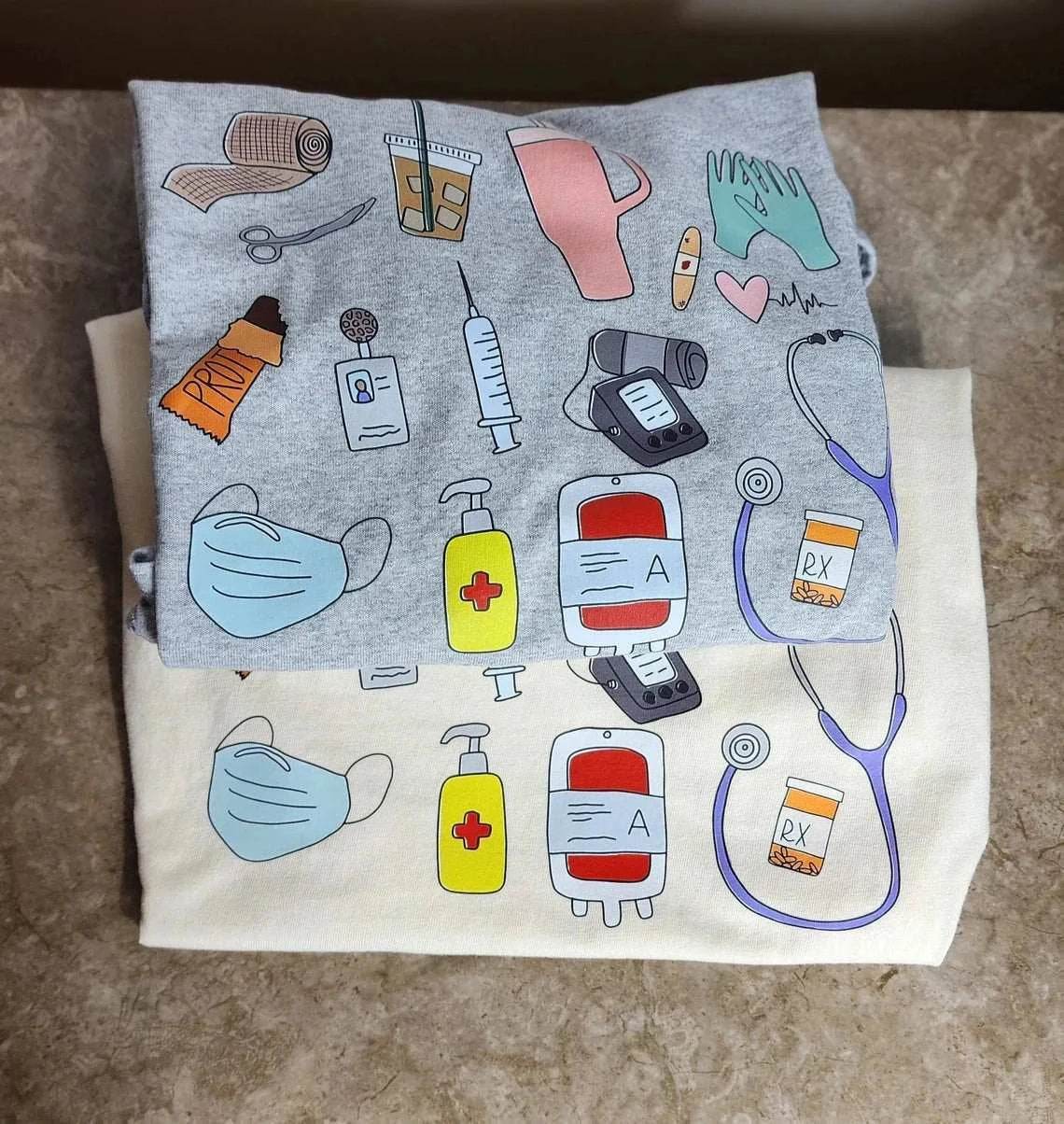 Short Sleeve Nurse T Shirts with Medical Doodles colours