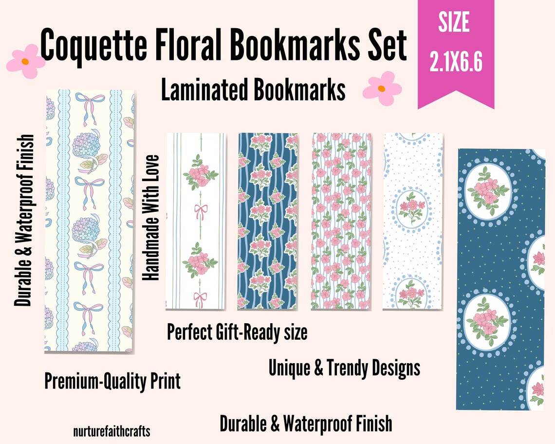 Coquette Floral Bookmarks Set with various designs on a white background.coquette-floral-bookmarks