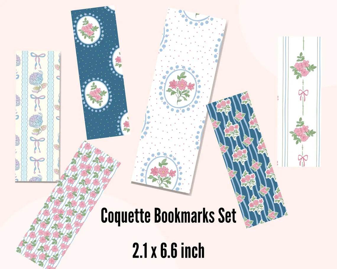 Set of Coquette Bookmarks with floral and ribbon designs on a light pink .coquette-floral-bookmarksbackground