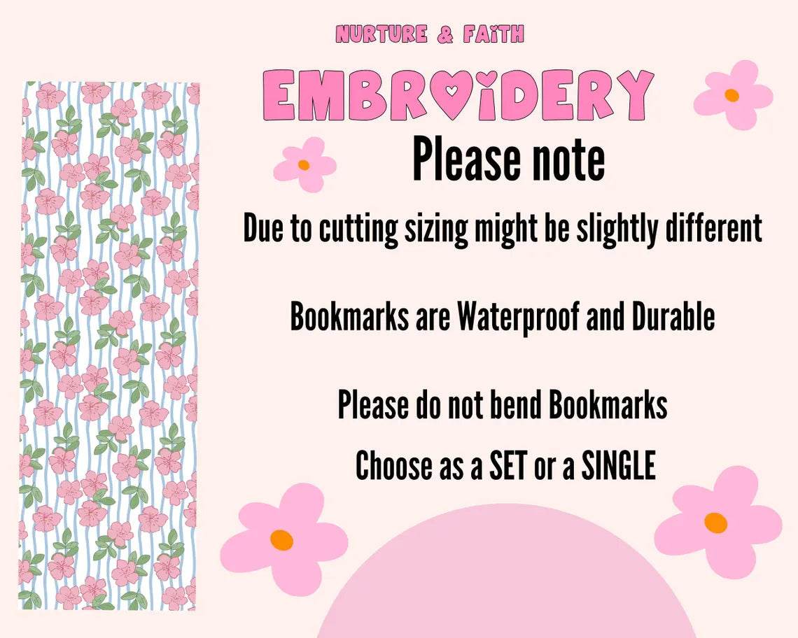 Floral-patterned bookmark with text about embroidery and waterproof coquette-floral-bookmarks.