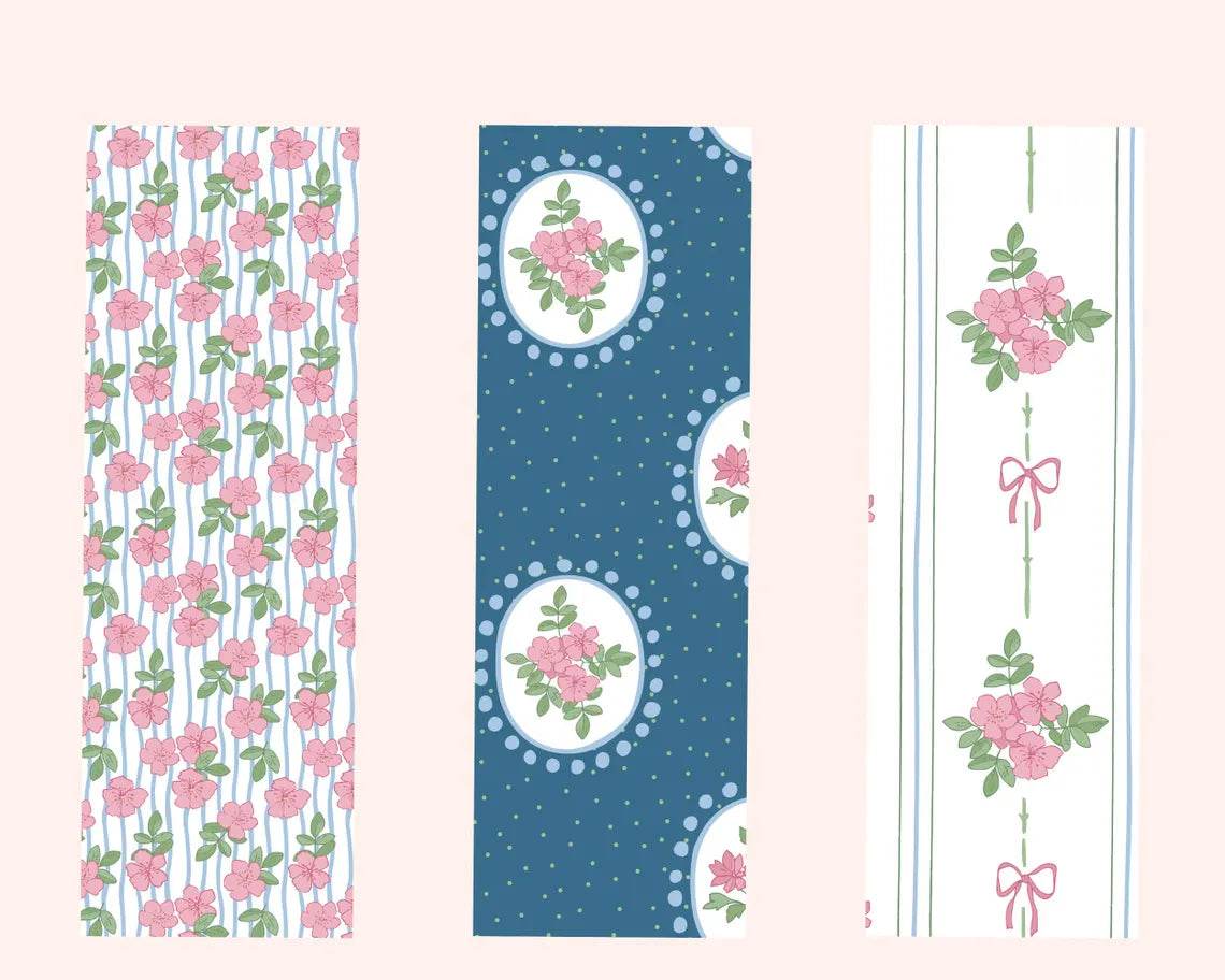 Three floral patterns on a pink background.coquette-floral-bookmarks