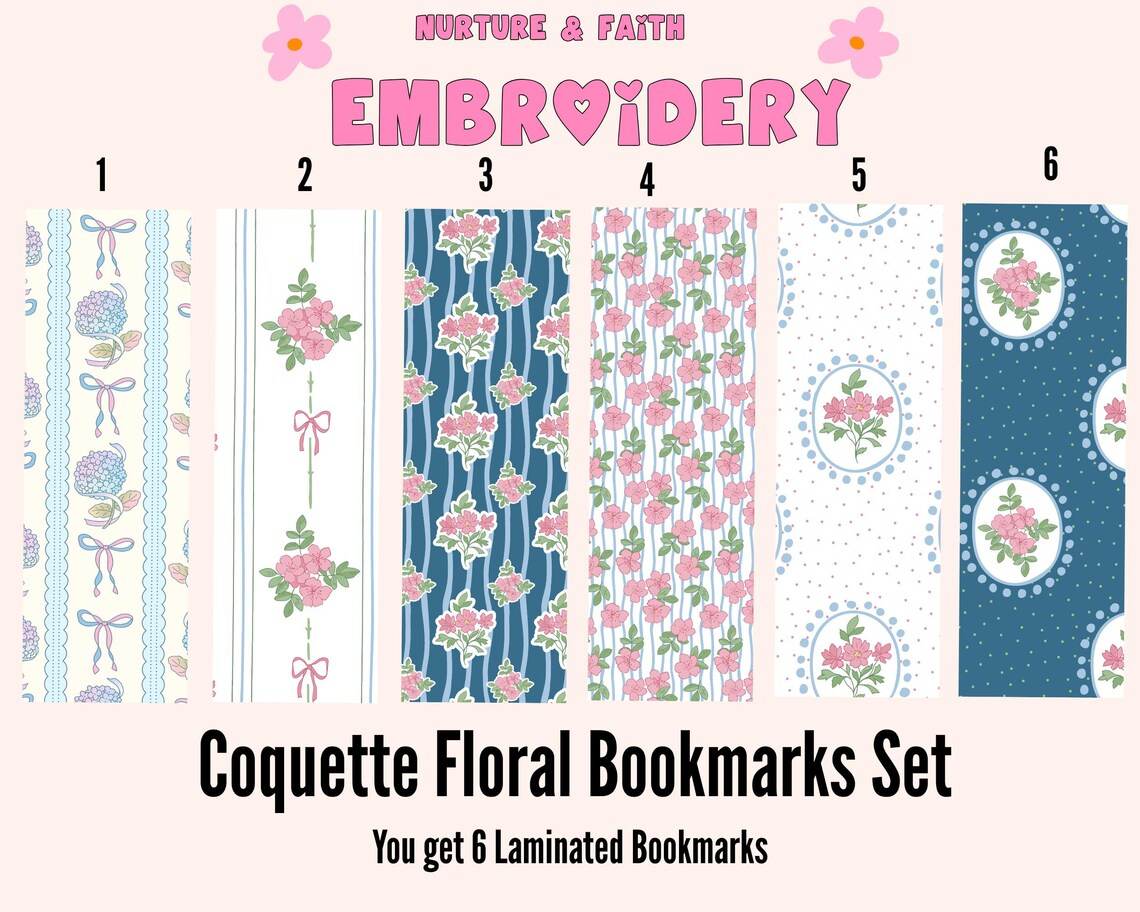 Coquette Floral Bookmarks Set with various patterns on a white background, featuring the brand 'Nurture & Faith Embroidery'.coquette-floral-bookmarks