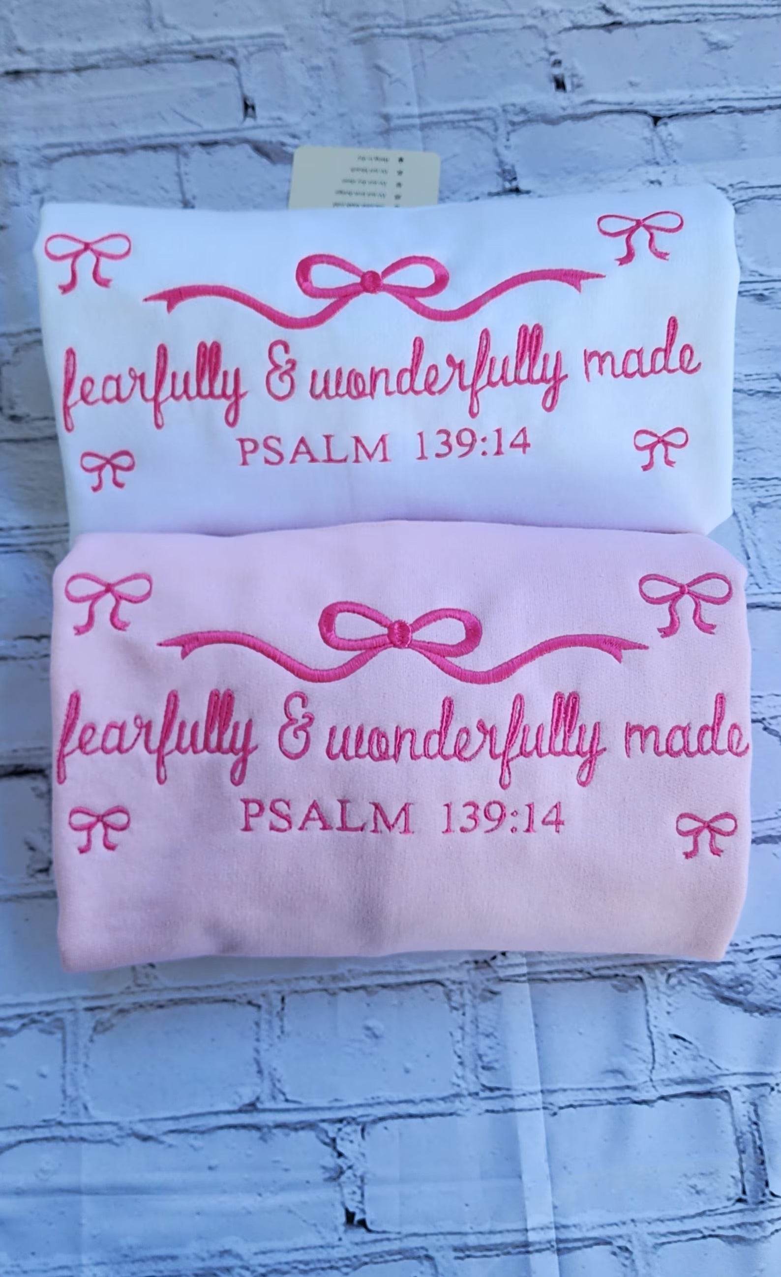 Psalm 139 embroidered sweatshirt with feminine bow accent