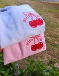 Pink & White Cherry Bow Sweatshirt – Embroidered Crewneck