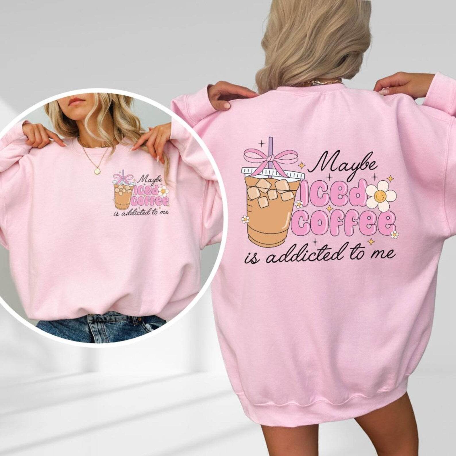 Trendy pink and white sweatshirt for coffee enthusiasts