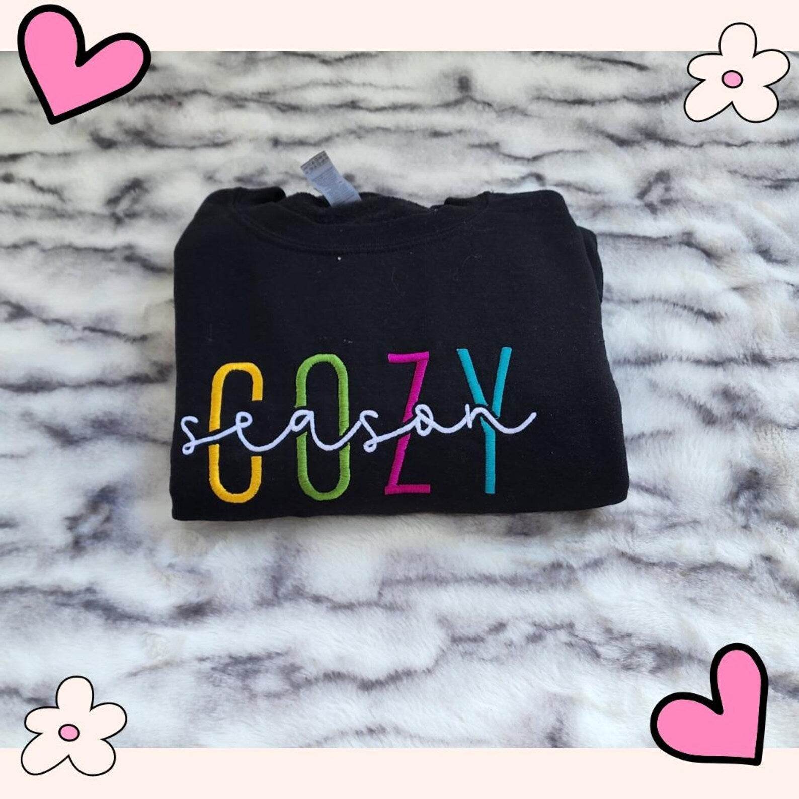 Cozy Season Fall Embroidered Sweatshirt for Comfort black