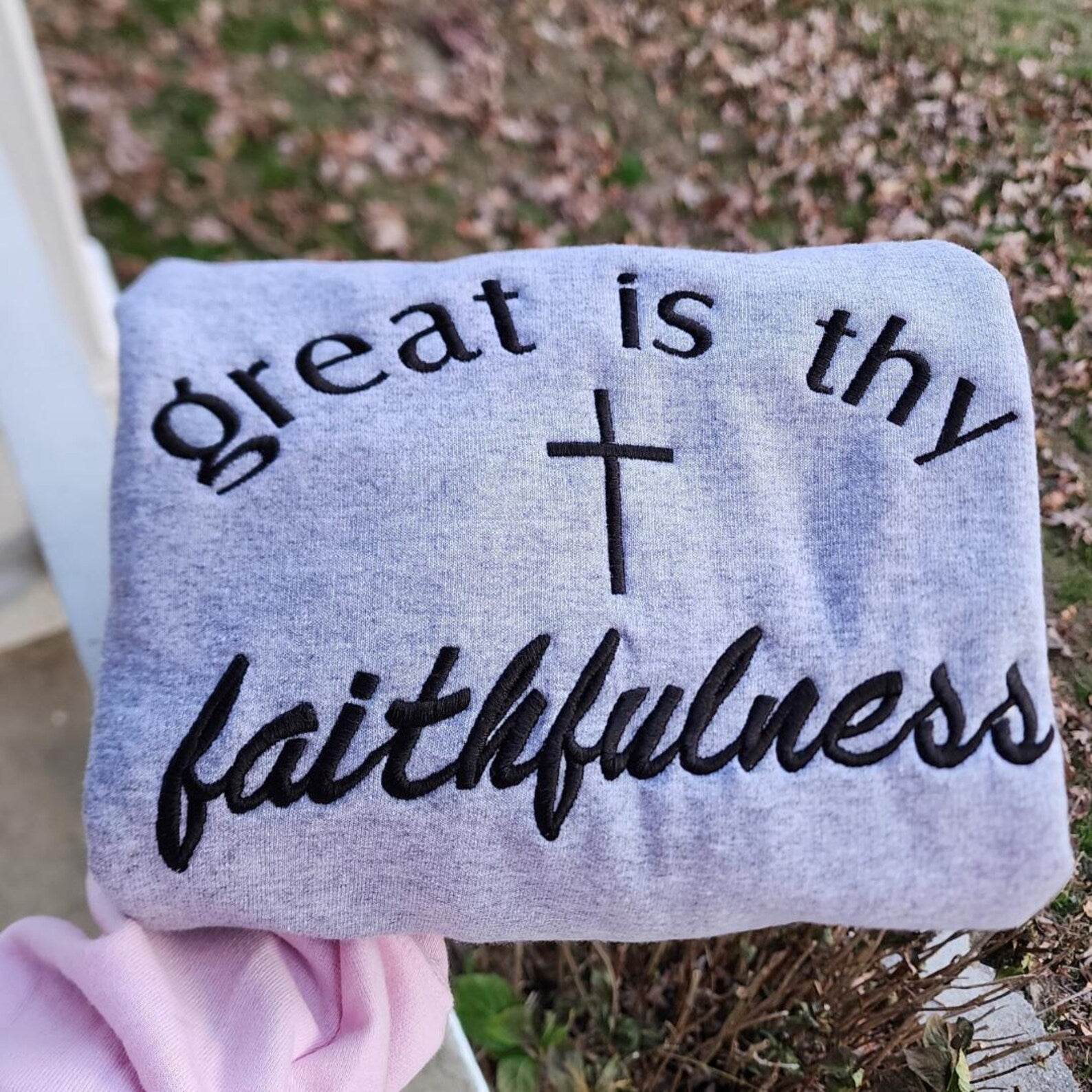 Great Is Thy Faithfulness Embroidered Faith Sweatshirt gray colours