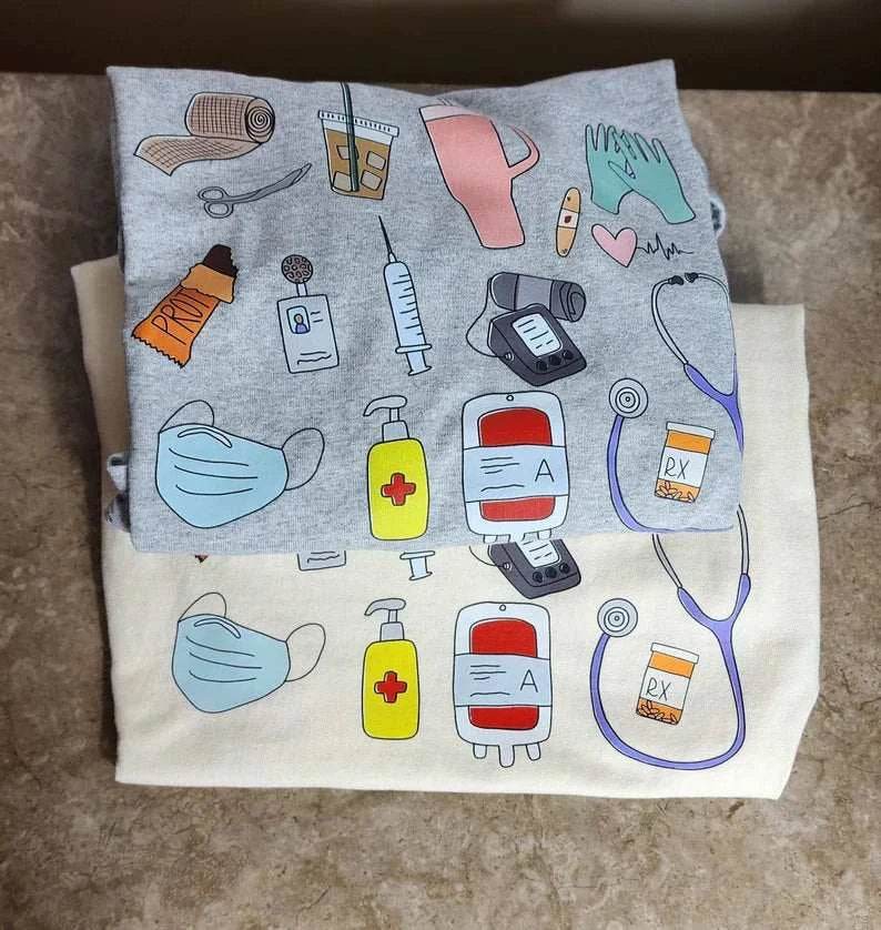Short Sleeve Nurse T Shirts with Medical Doodles art