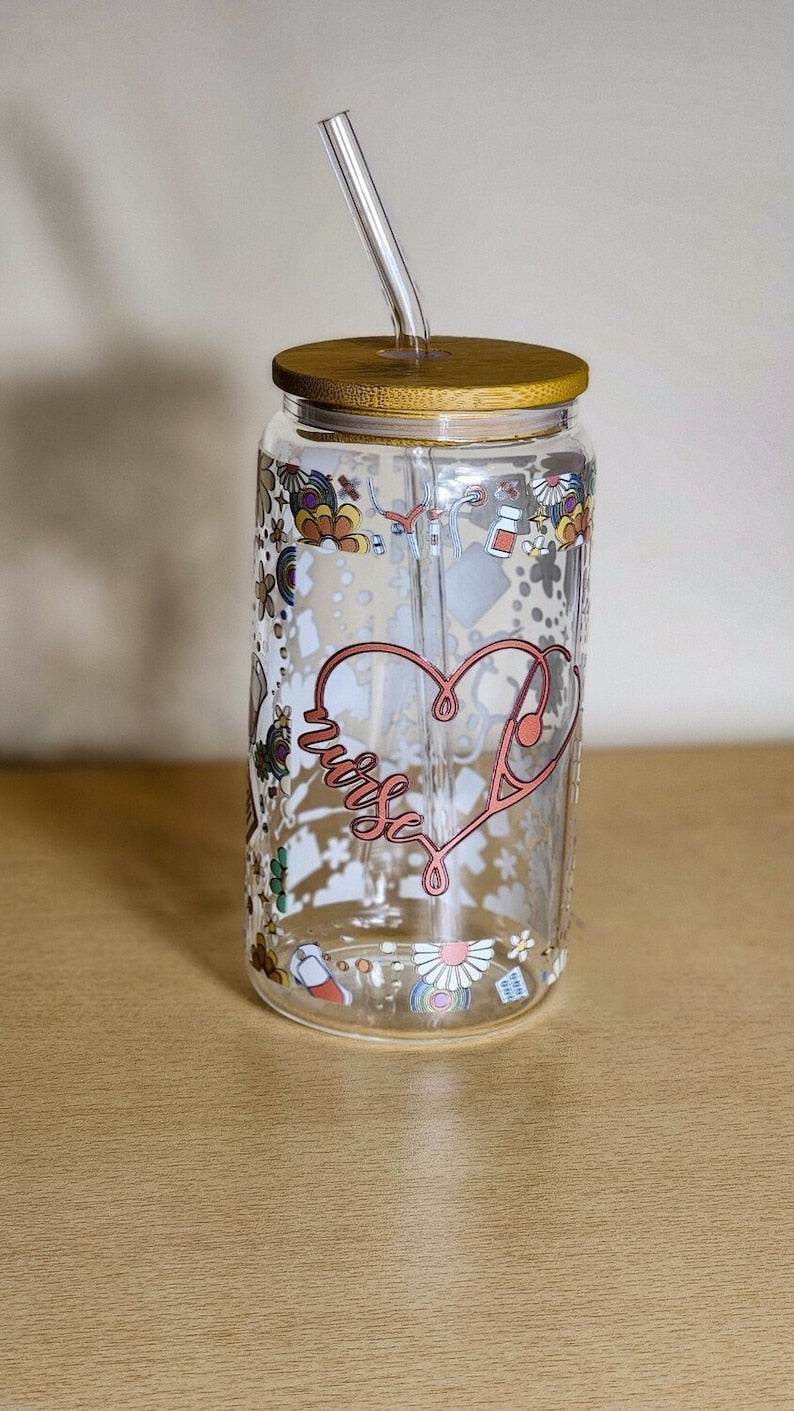 Nurse Glass Can Tumbler – Libbey 16oz Glass Cup with Straw