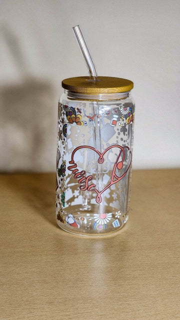 Nurse Glass Can Tumbler – Libbey 16oz Glass Cup with Straw
