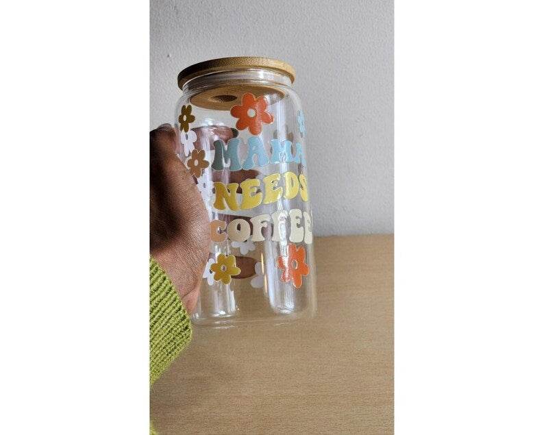 mama glass can tumbler with straw front view