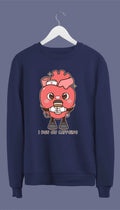 A navy blue crewneck sweatshirt with a graphic of an anatomical heart holding a coffee cup and the phrase 'I live on caffeine.'.