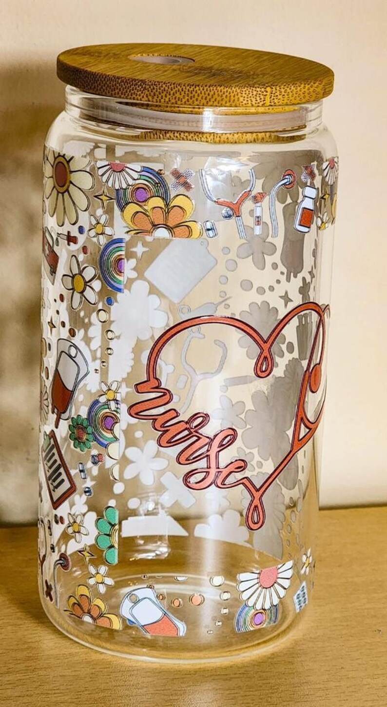 nurse glass can tumbler with straw front view