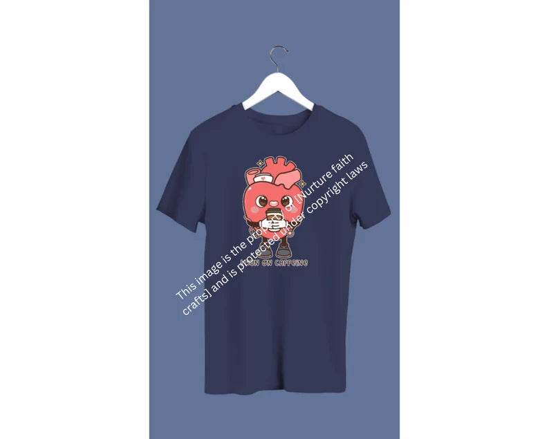 A navy blue crewneck sweatshirt with a graphic of an anatomical heart holding a coffee cup and the phrase 'I live on caffeine.'.