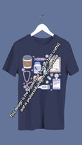A navy blue sweatshirt with hand-drawn medical doodles including a stethoscope, syringe, band-aids, and a steaming cup of coffee.