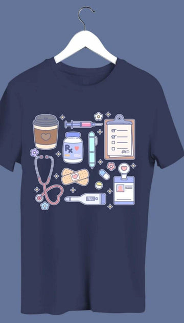 A navy blue sweatshirt with hand-drawn medical doodles including a stethoscope, syringe, band-aids, and a steaming cup of coffee.