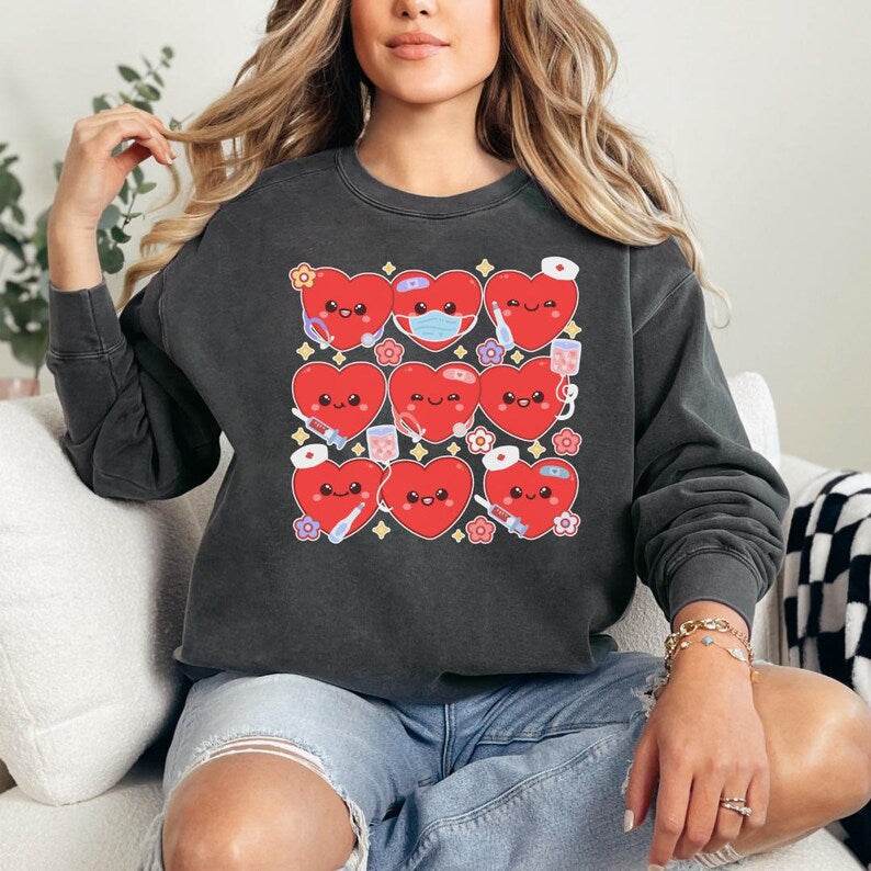 Trendy Nurse Heart Sweatshirt – Cozy Crewneck Shirt red heart 